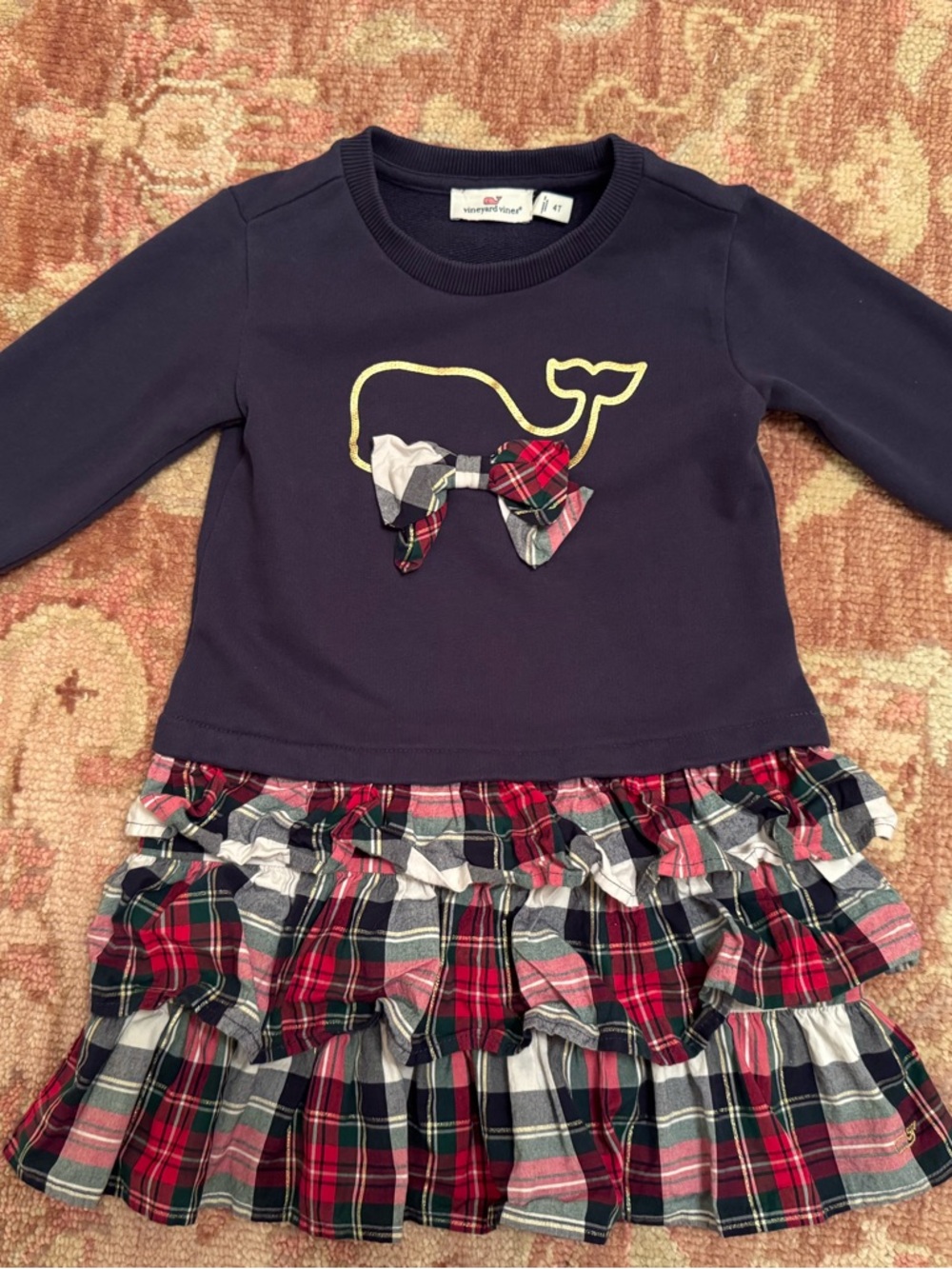 Vineyard Vines Navy Dress with Gold Whale and Red Plaid Ruffle Skirt